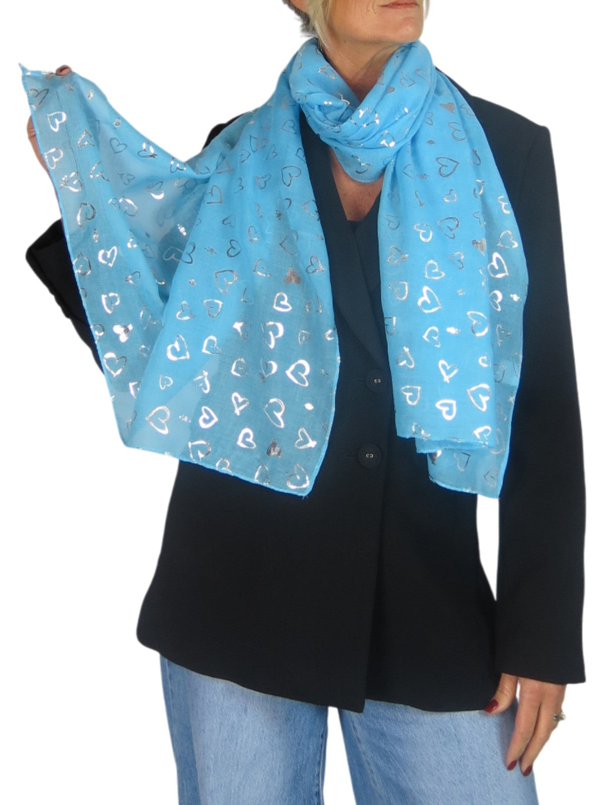 Silver Heart Design Cotton Scarf Turquoise Blue