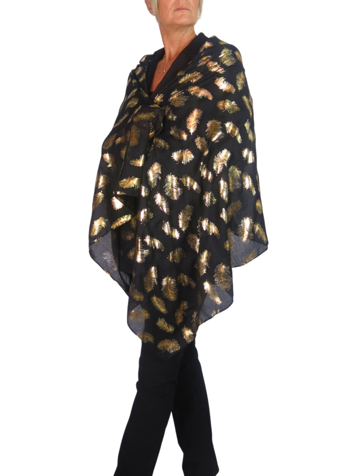 Gold Feather Print Soft Voile Scarf Black