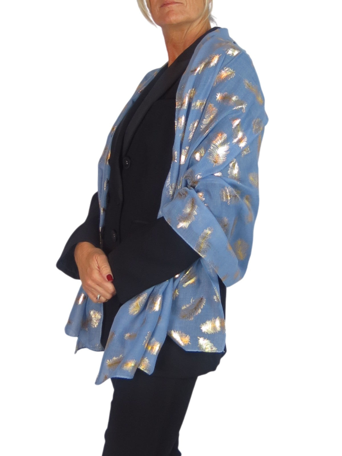 Gold Feather Print Soft Voile Scarf Midnight Blue