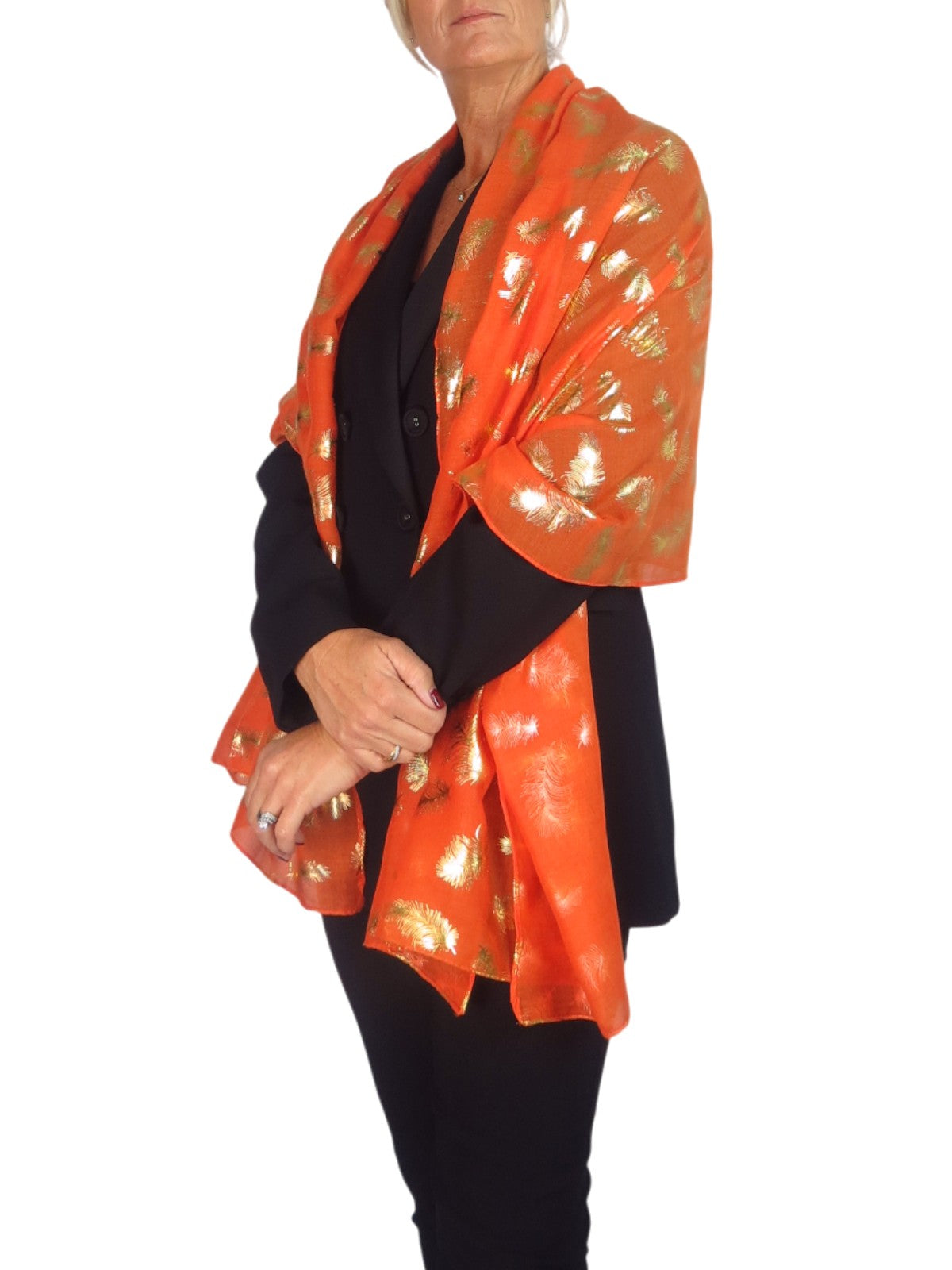 Gold Feather Print Soft Voile Scarf Orange