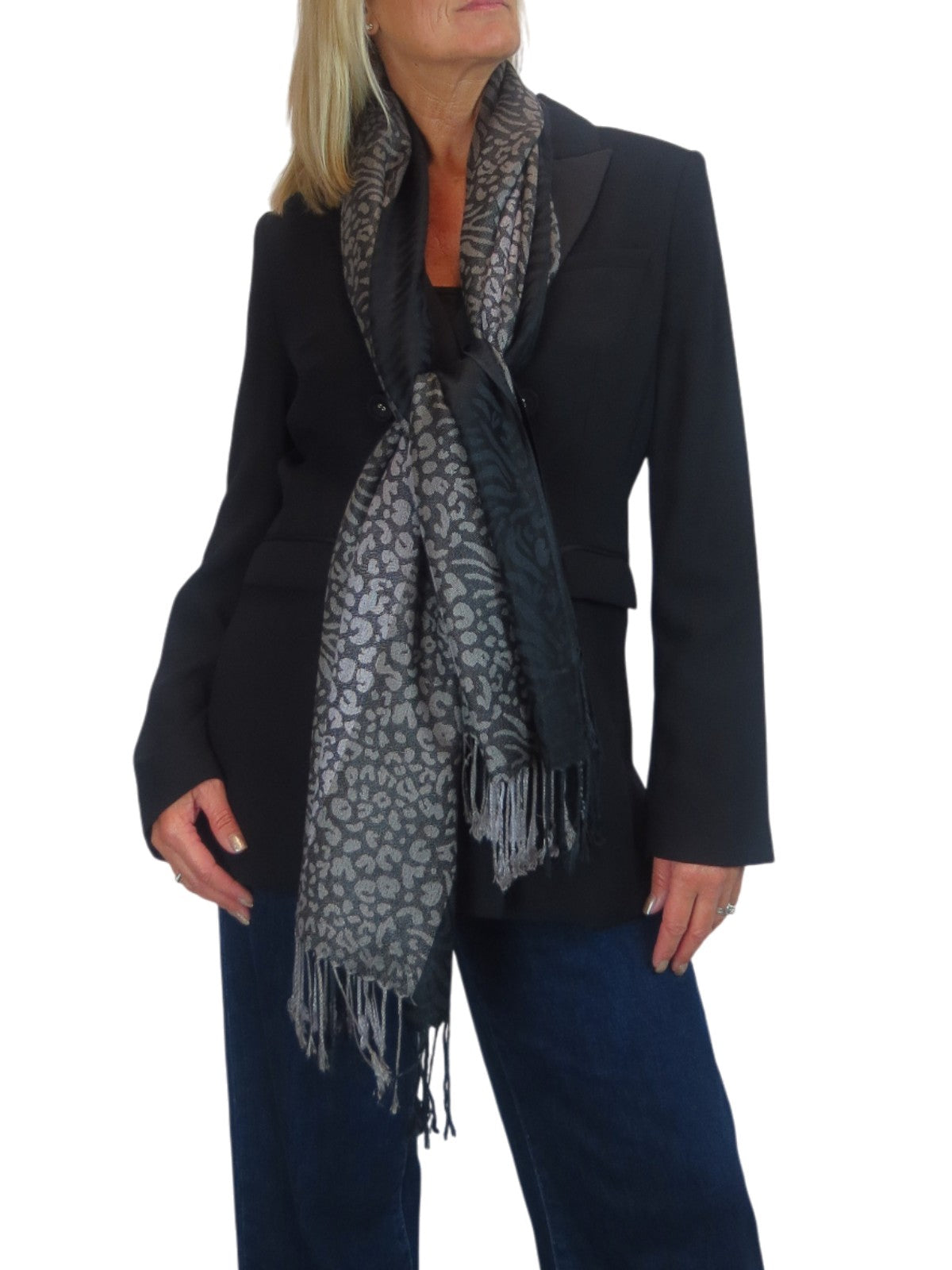 Block Stripe Animal Print Scarf Black