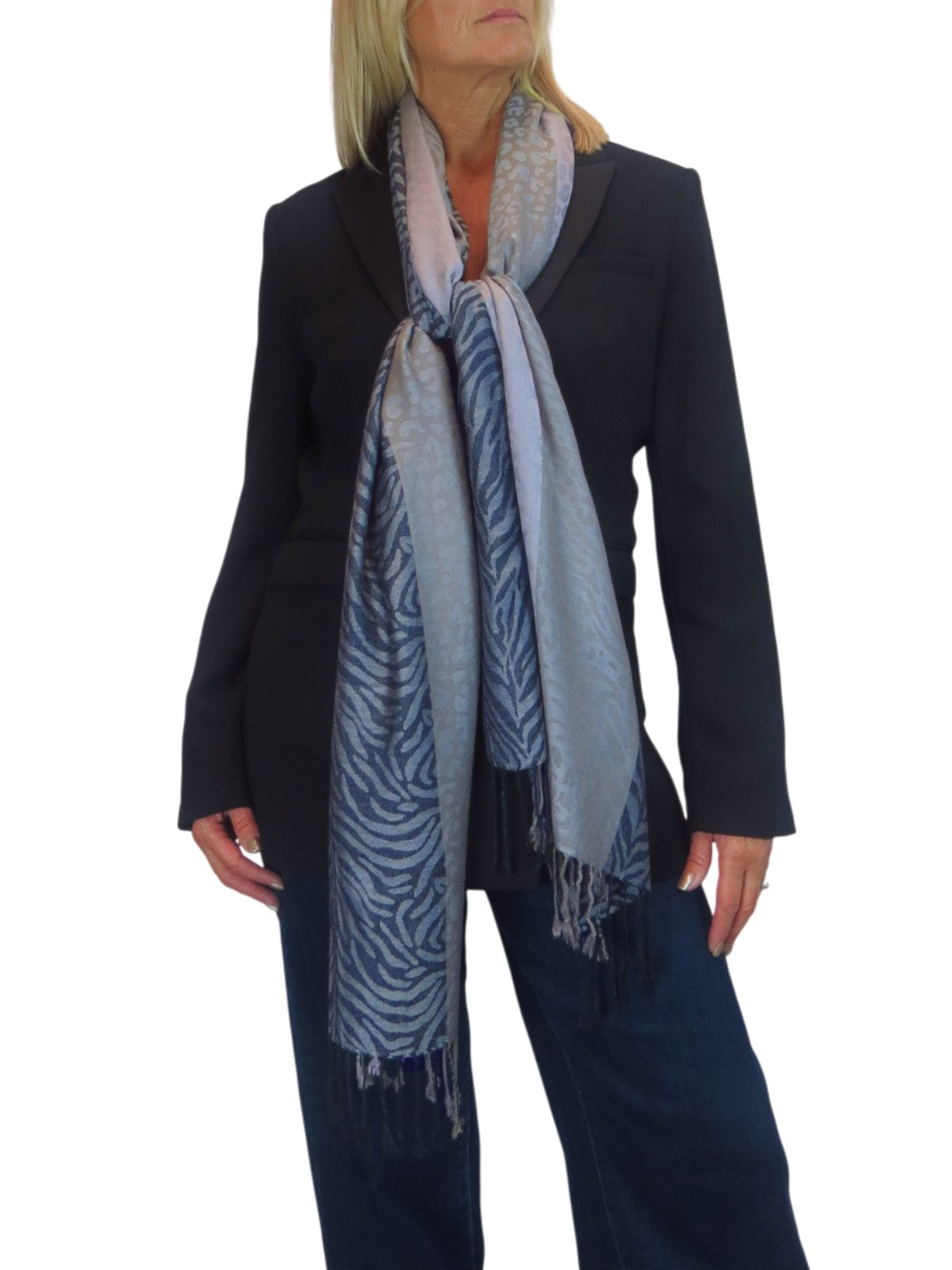 Block Stripe Animal Print Scarf Blue Mix