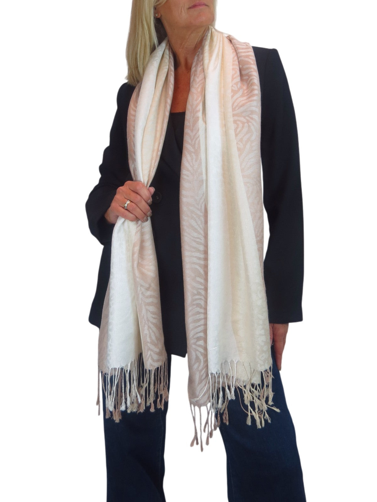 Block Stripe Animal Print Scarf Beige