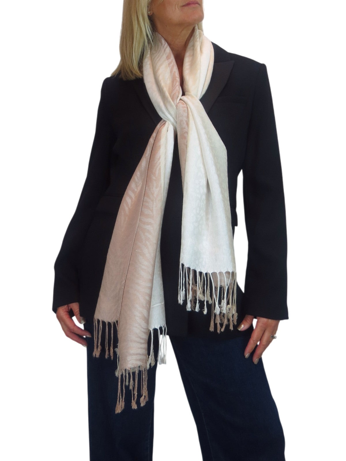 Block Stripe Animal Print Scarf Beige