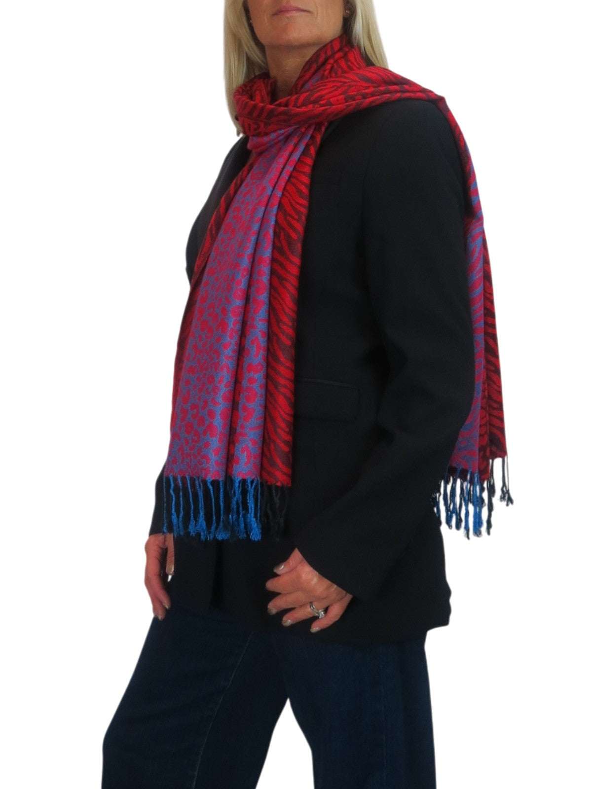 Block Stripe Animal Print Scarf Red