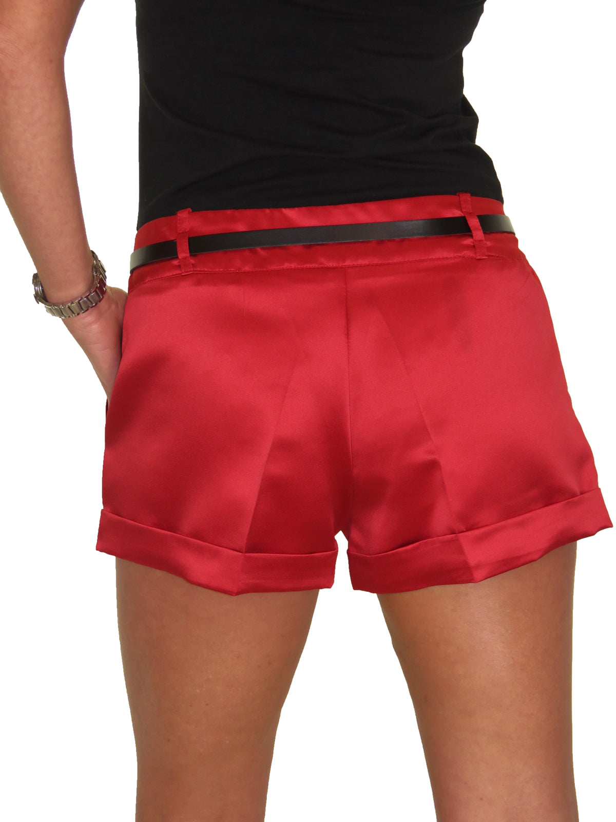 Ladies Red Shiny Satin Hotpant With Belt