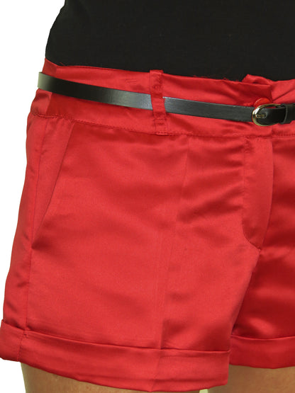 Ladies Red Shiny Satin Hotpant With Belt