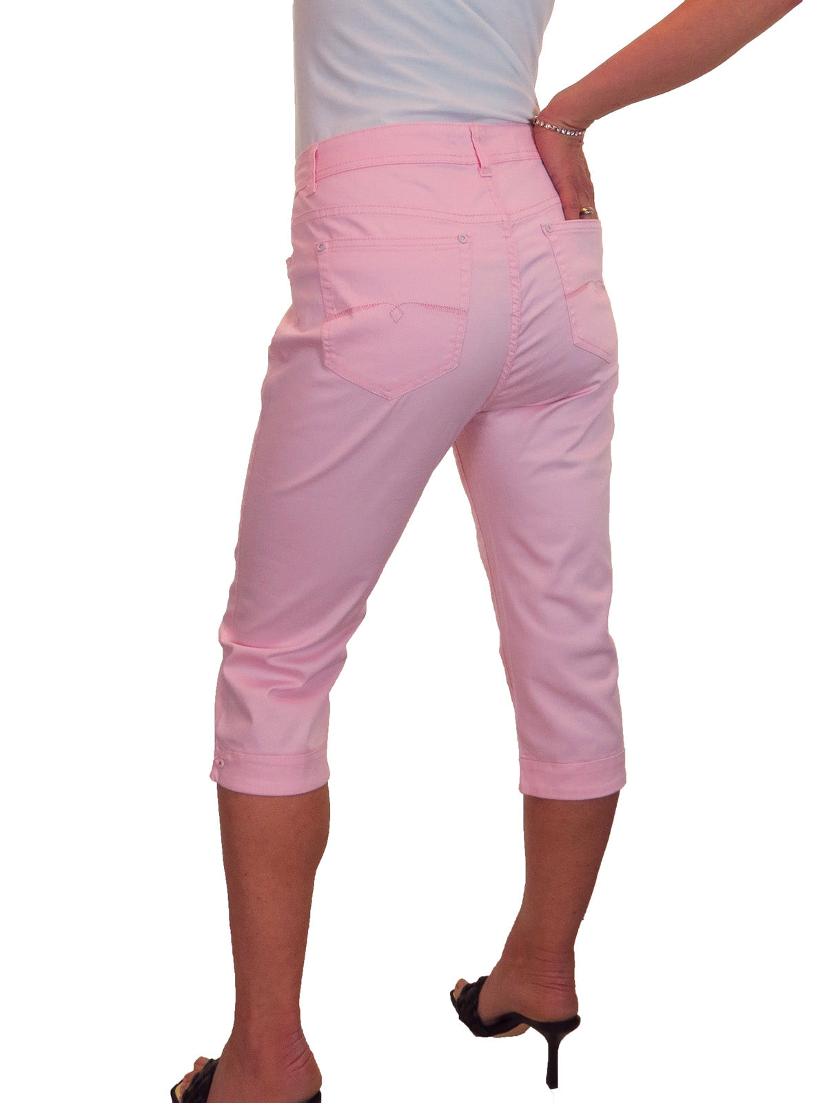 Womens Diamante Cuff Crop Leg Stretch Jeans Pink