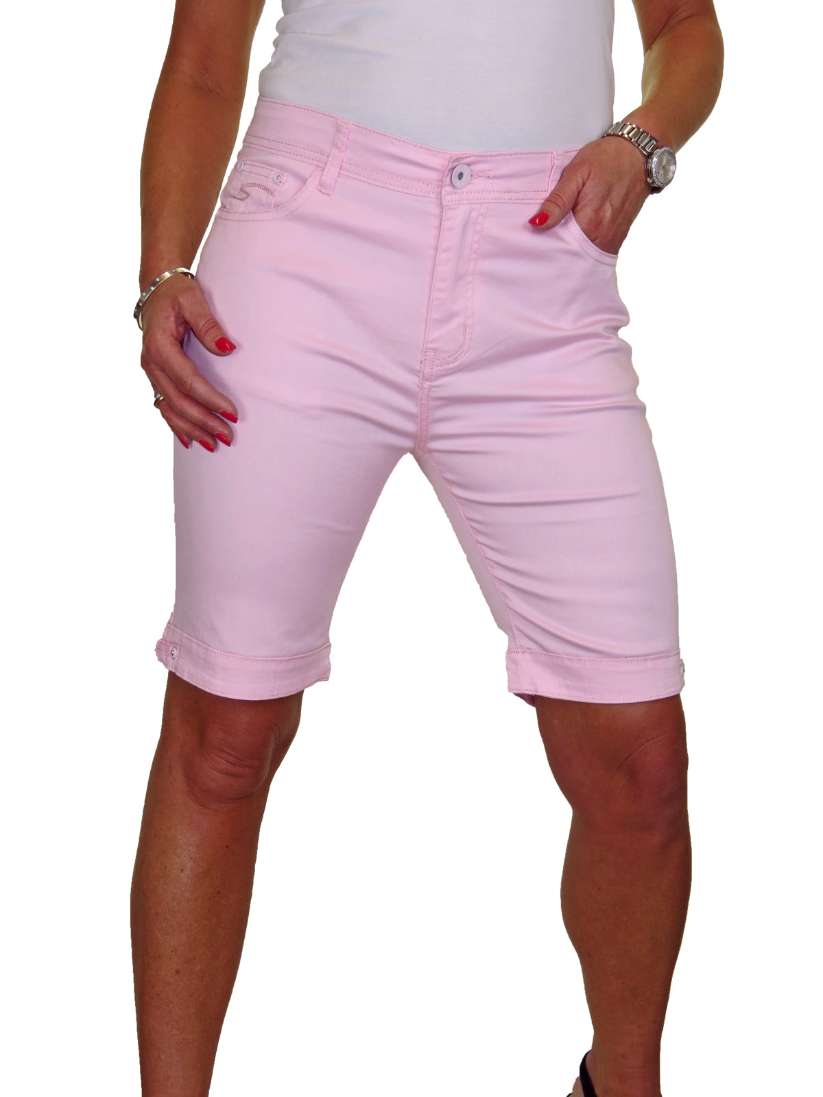 Stretch Diamante Cuff Chino Sheen Jeans Shorts Light Pink