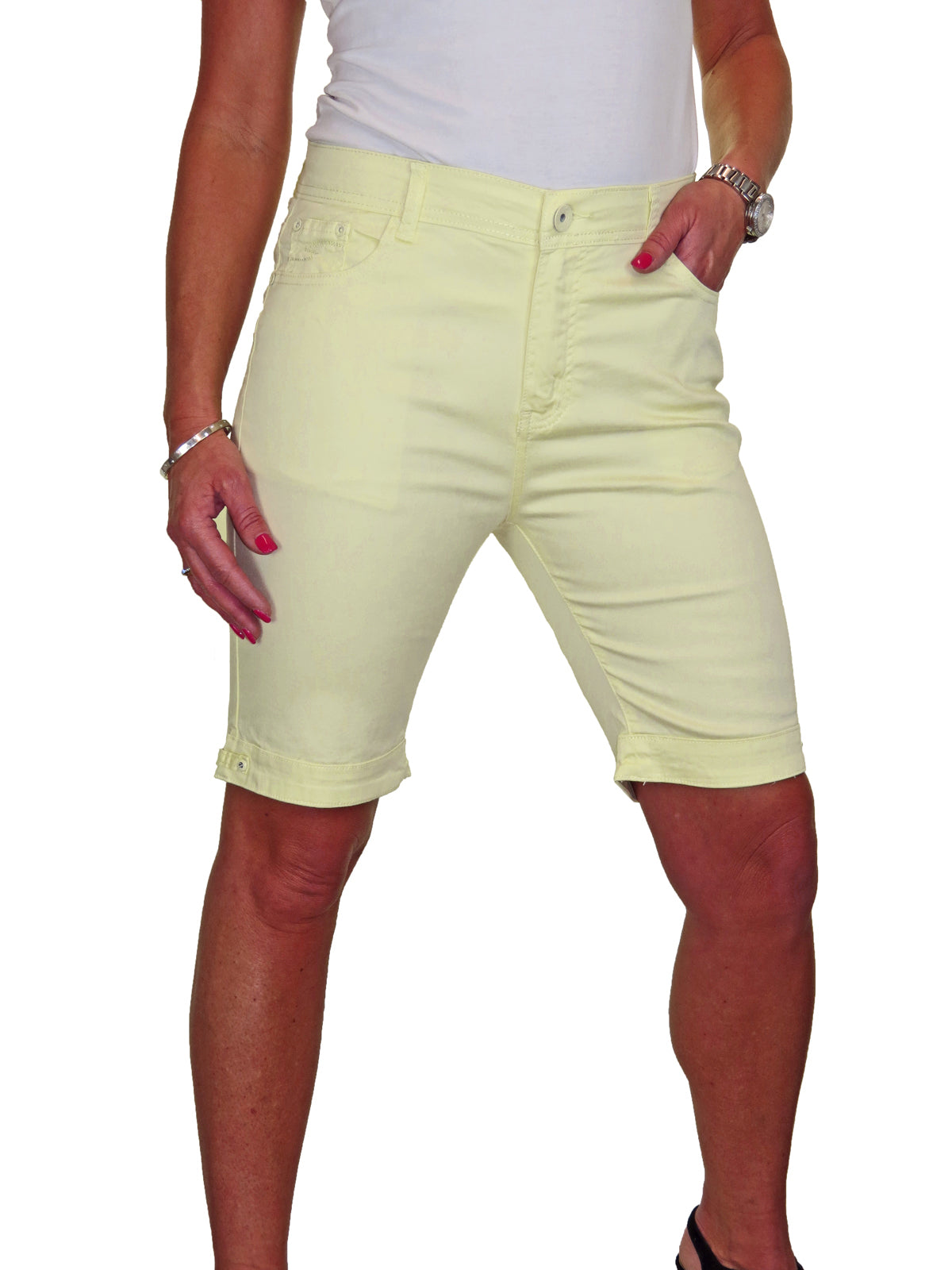 Stretch Diamante Cuff Chino Sheen Jeans Shorts Yellow