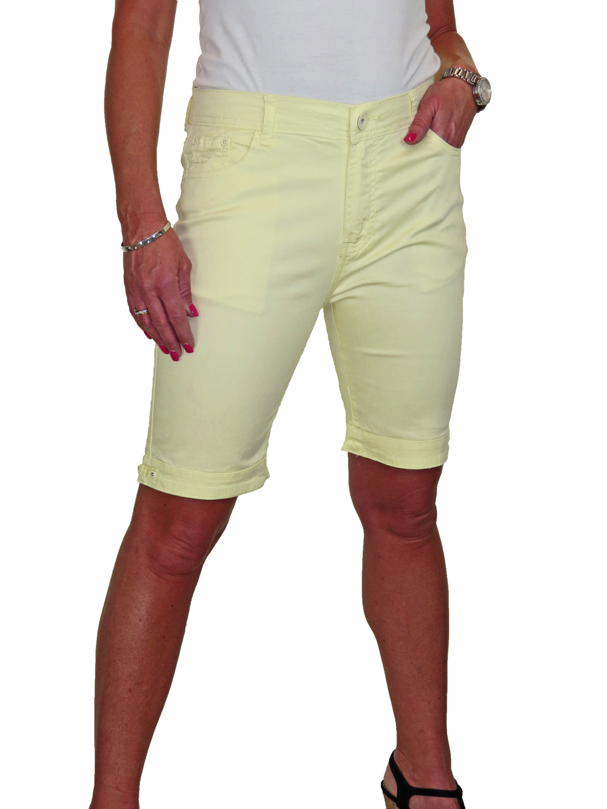 Stretch Diamante Cuff Chino Sheen Jeans Shorts Yellow