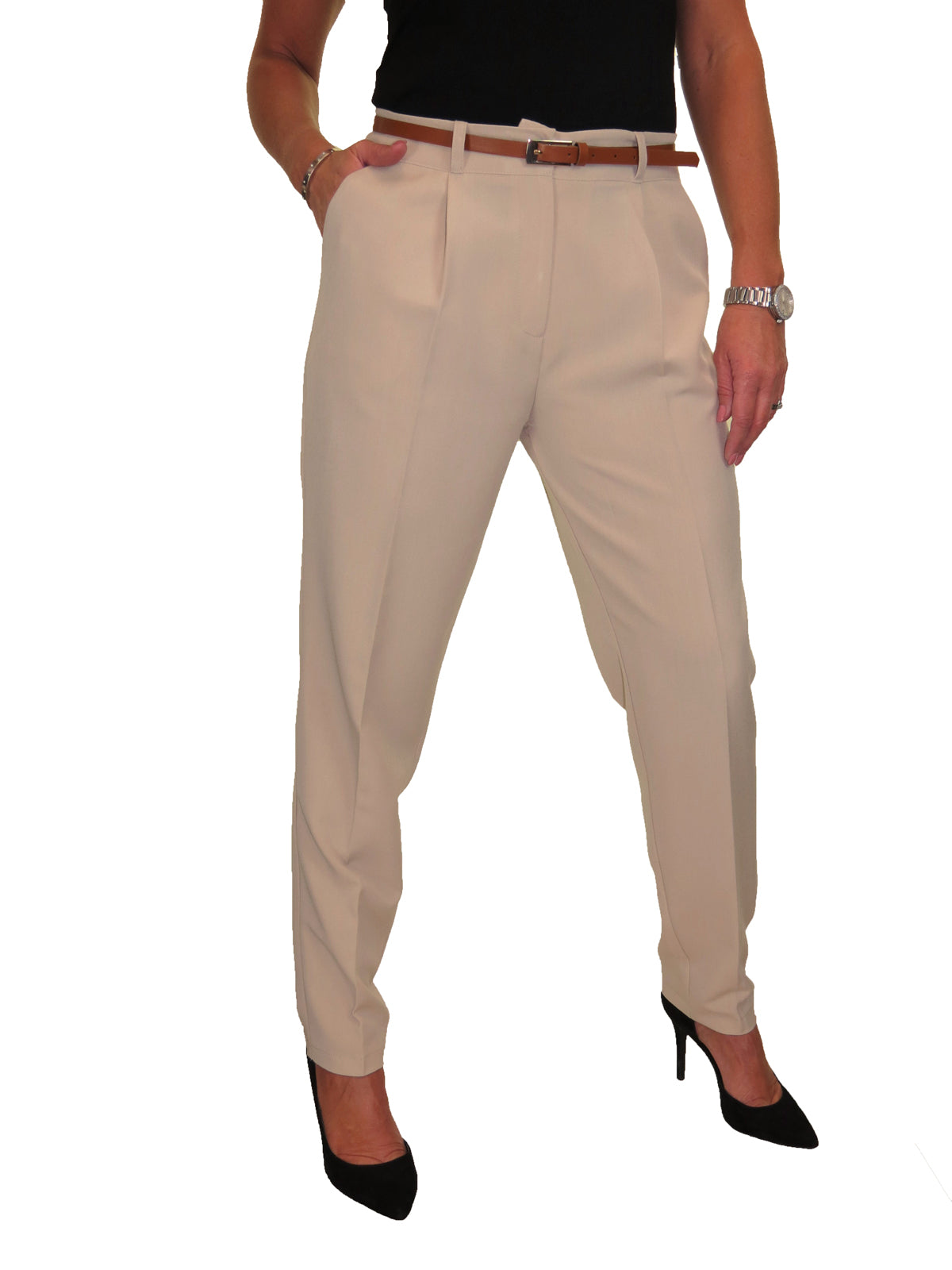 Ladies Smart Tapered Leg Trousers Beige