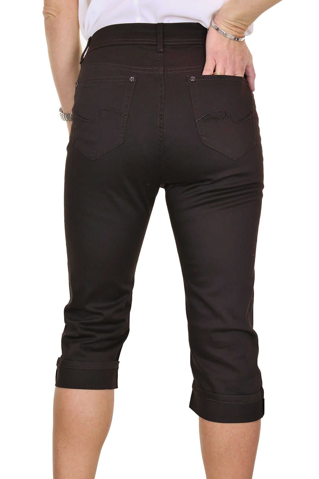 Turn Up Cuff Jeans Chino Stretch Capri Cropped Brown