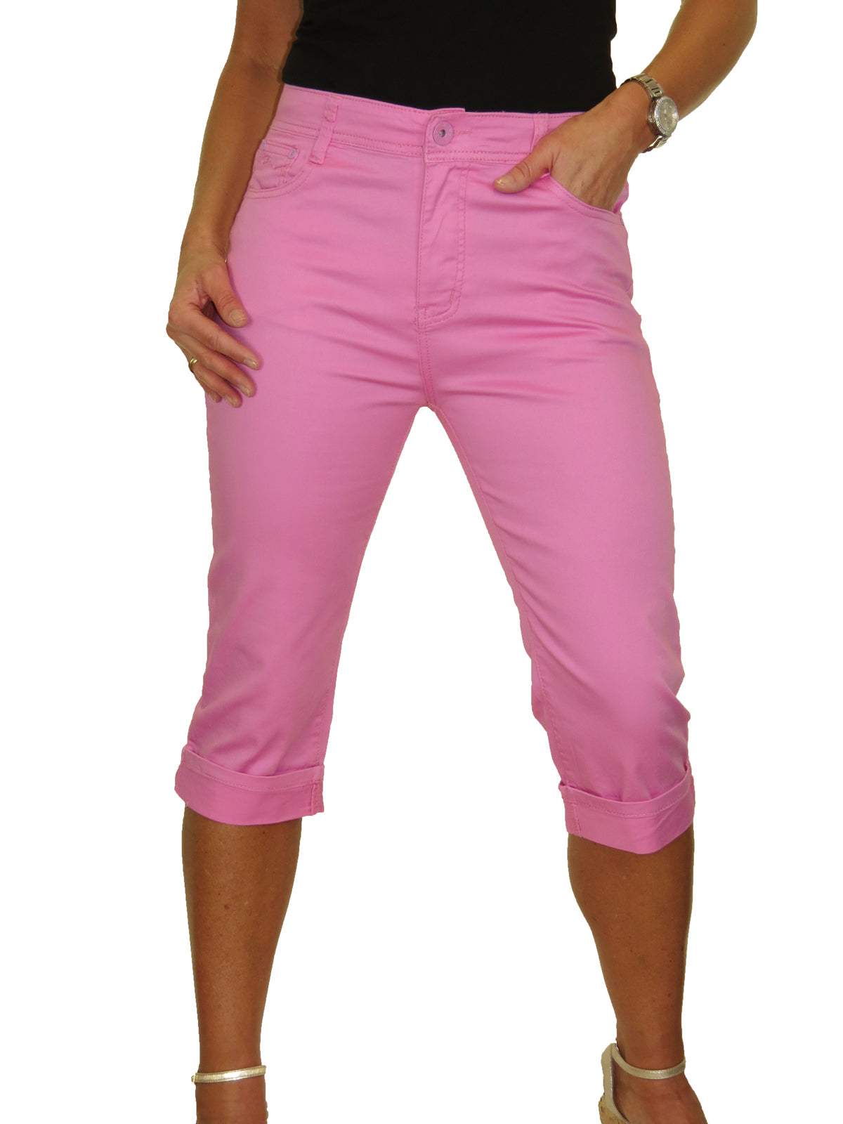 Turn Up Cuff Jeans Chino Stretch Capri Cropped Pink