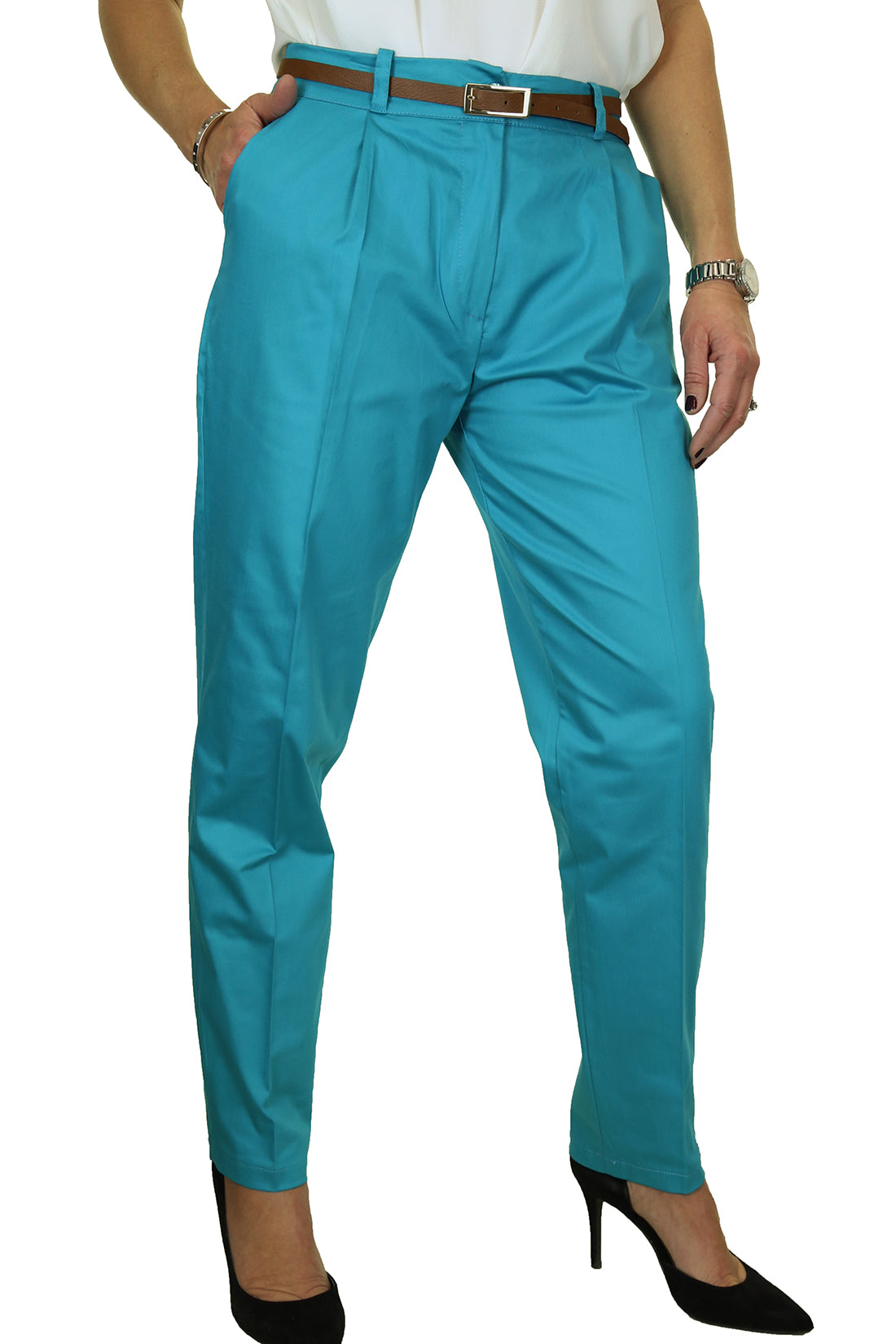 Chino Pleated Tapered Cigarette Leg Trousers Turquoise Blue