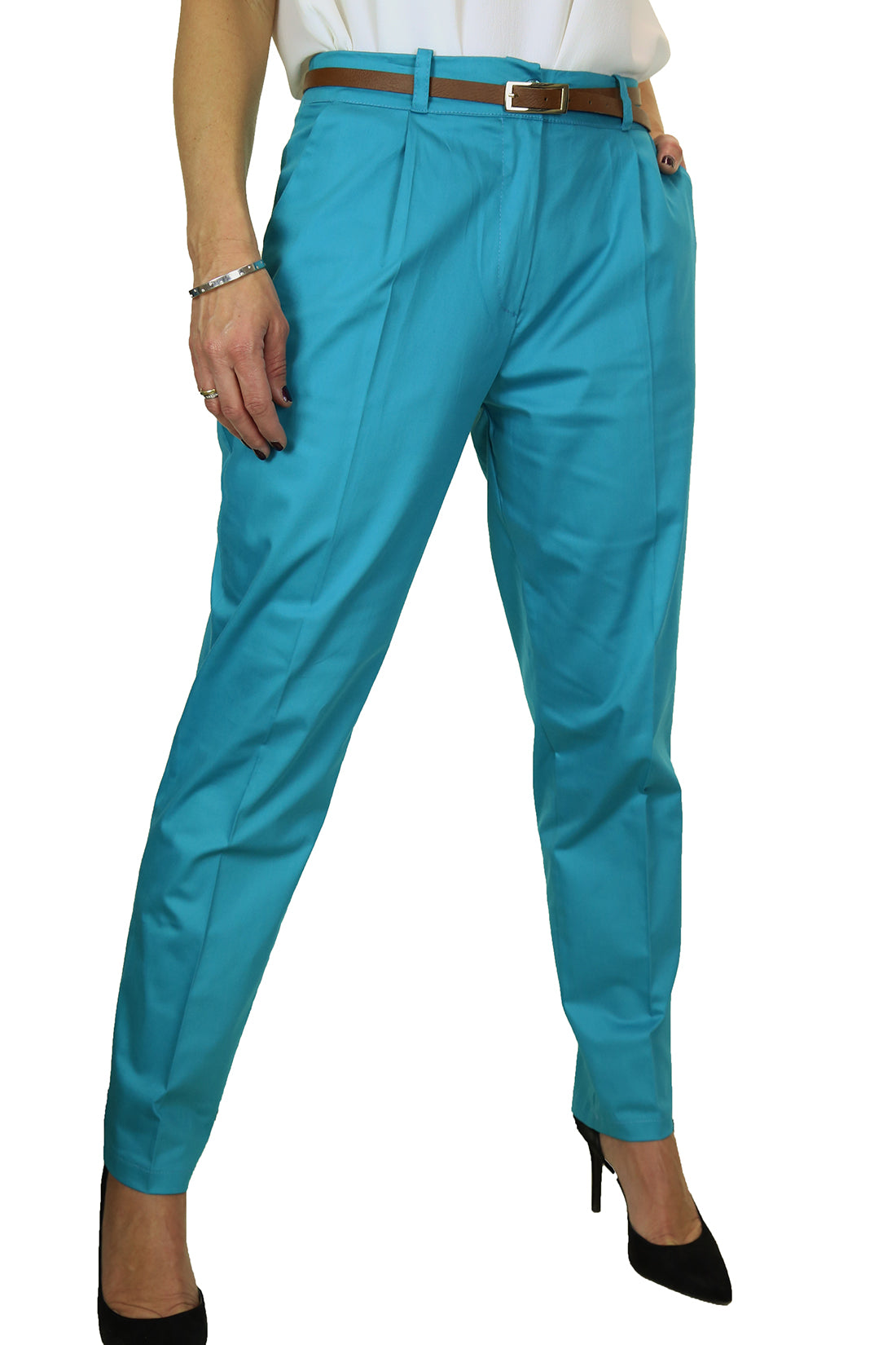 Chino Pleated Tapered Cigarette Leg Trousers Turquoise Blue