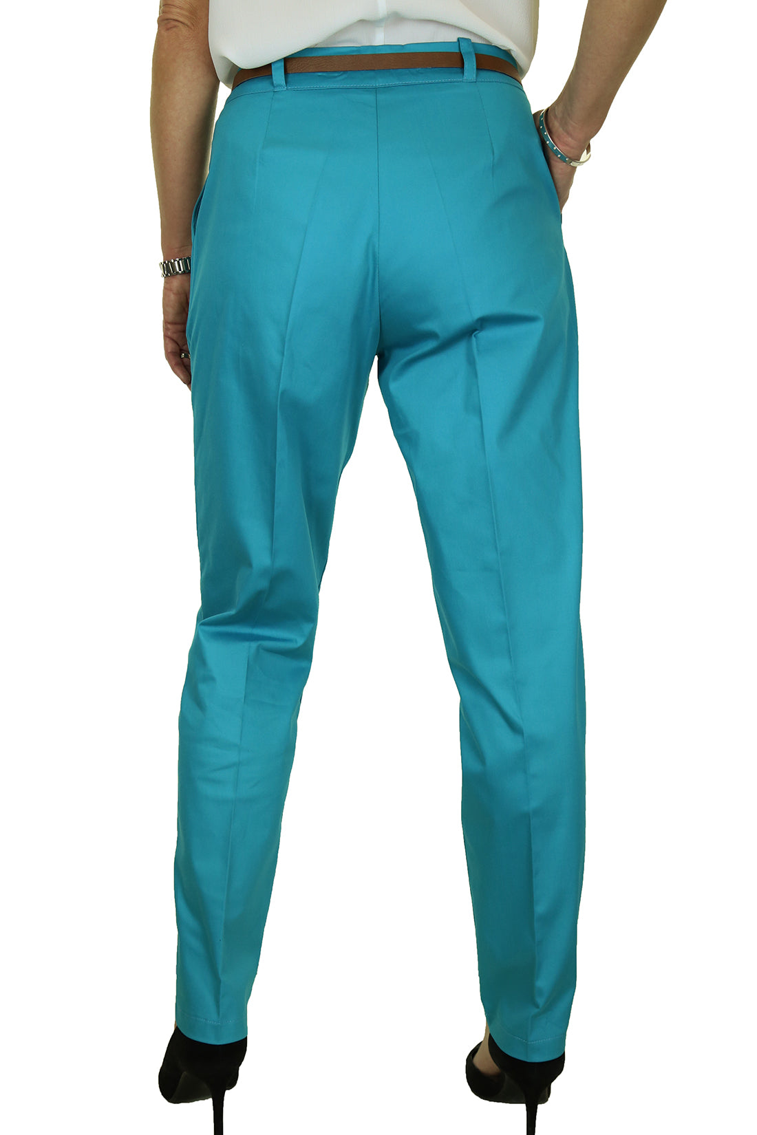 Chino Pleated Tapered Cigarette Leg Trousers Turquoise Blue