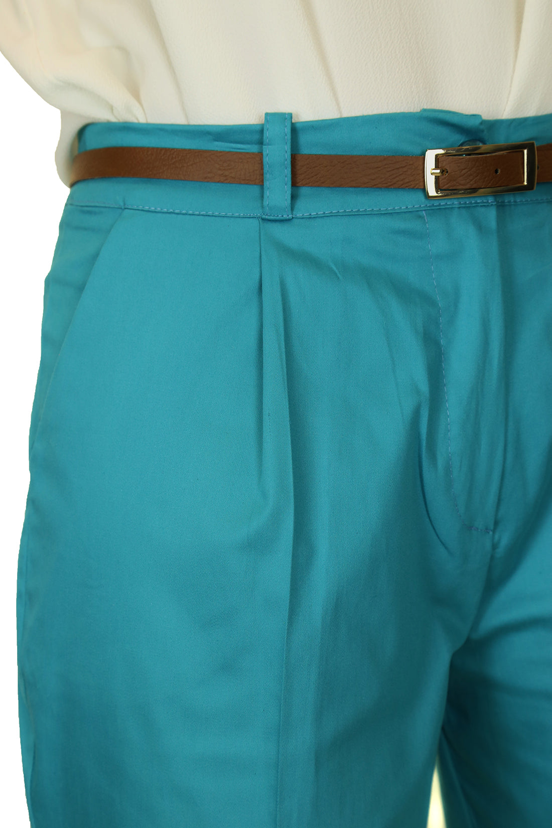 Chino Pleated Tapered Cigarette Leg Trousers Turquoise Blue