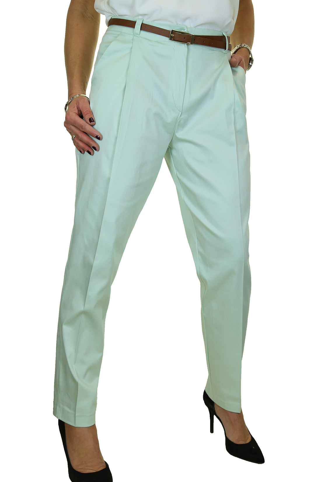 Chino Pleated Tapered Cigarette Leg Trousers Mint Green