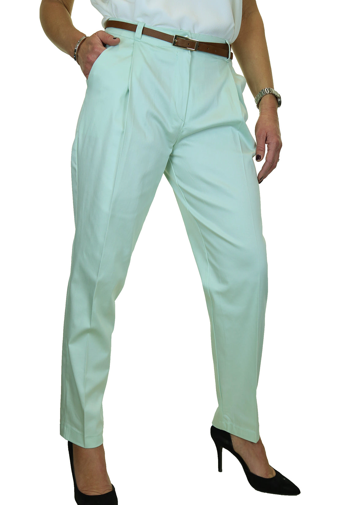 Chino Pleated Tapered Cigarette Leg Trousers Mint Green