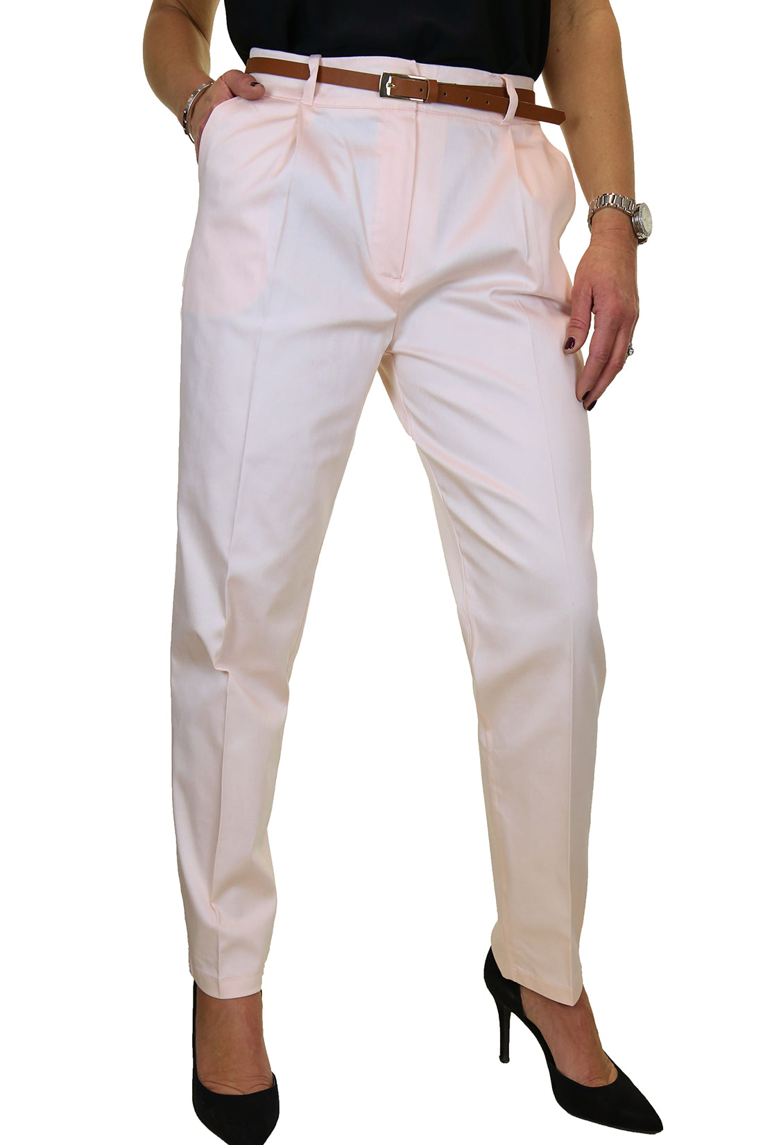 Chino Pleated Tapered Cigarette Leg Trousers Shell Pink