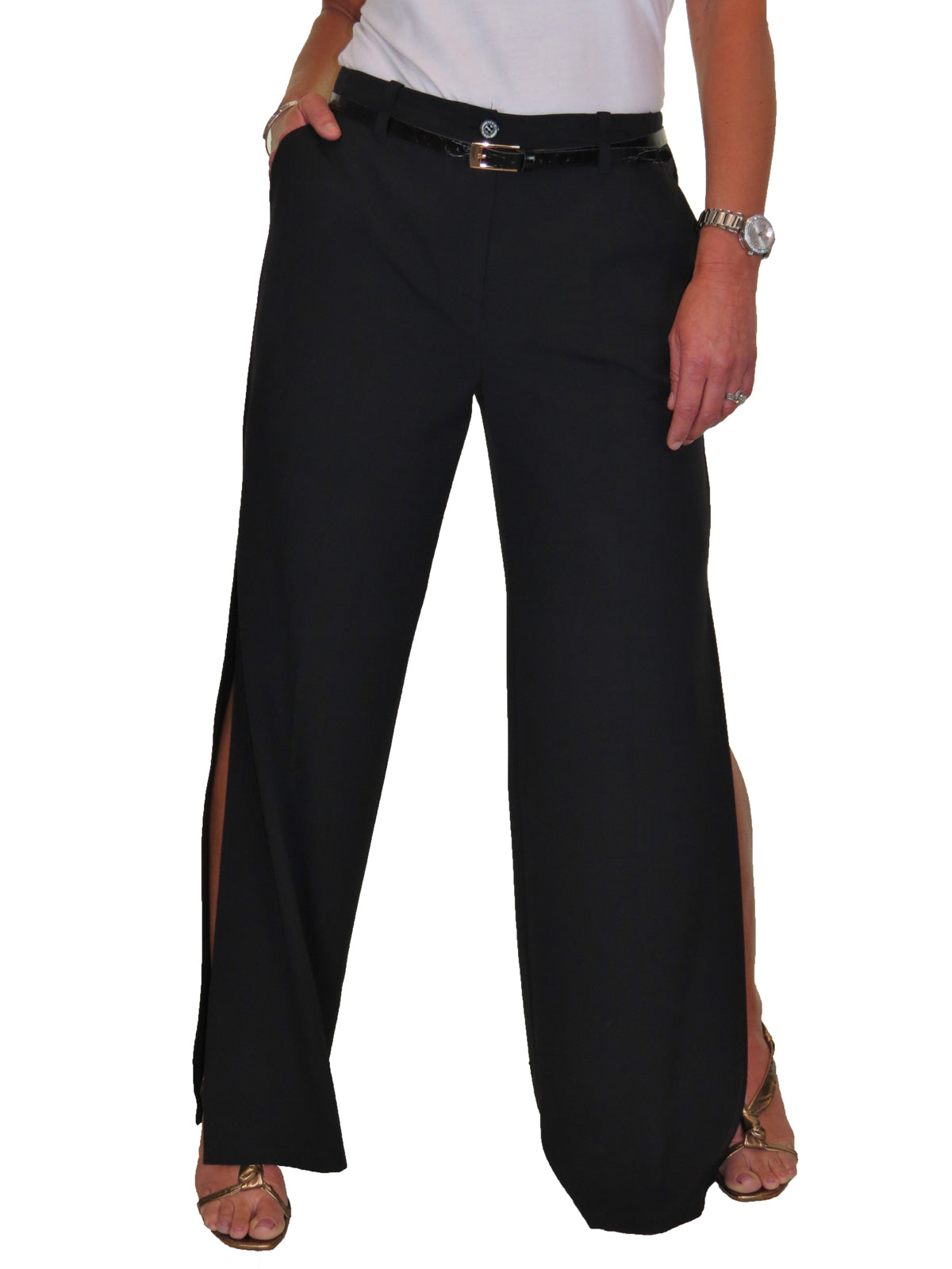 Ladies Side Split Wide Leg Trousers Black