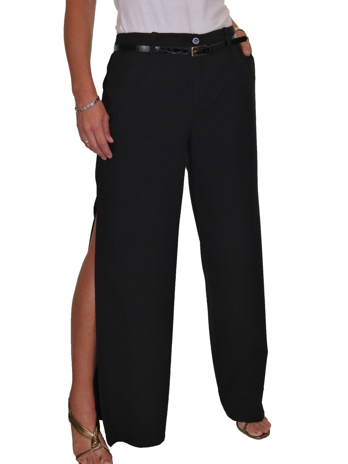 Ladies Side Split Wide Leg Trousers Black