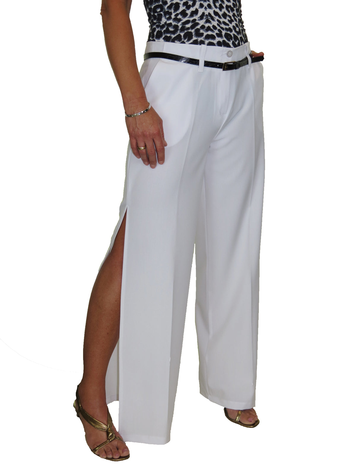 Ladies Side Split Wide Leg Trousers White