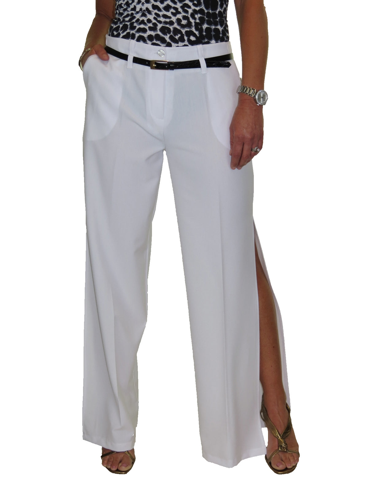 Ladies Side Split Wide Leg Trousers White