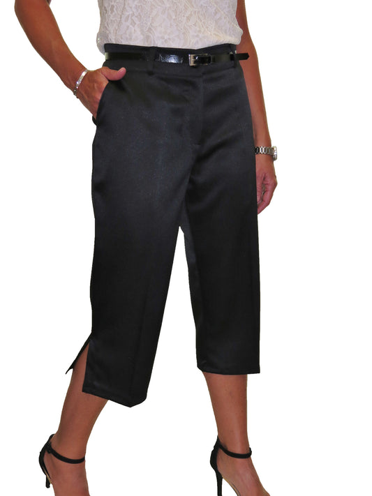 Smart Belted Crop Trousers In Matt Satin Black