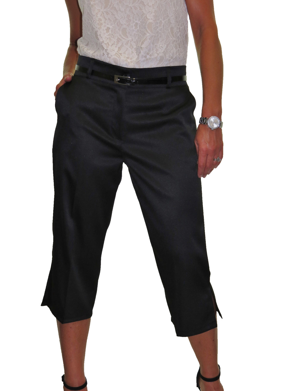 Smart Belted Crop Trousers In Matt Satin Black
