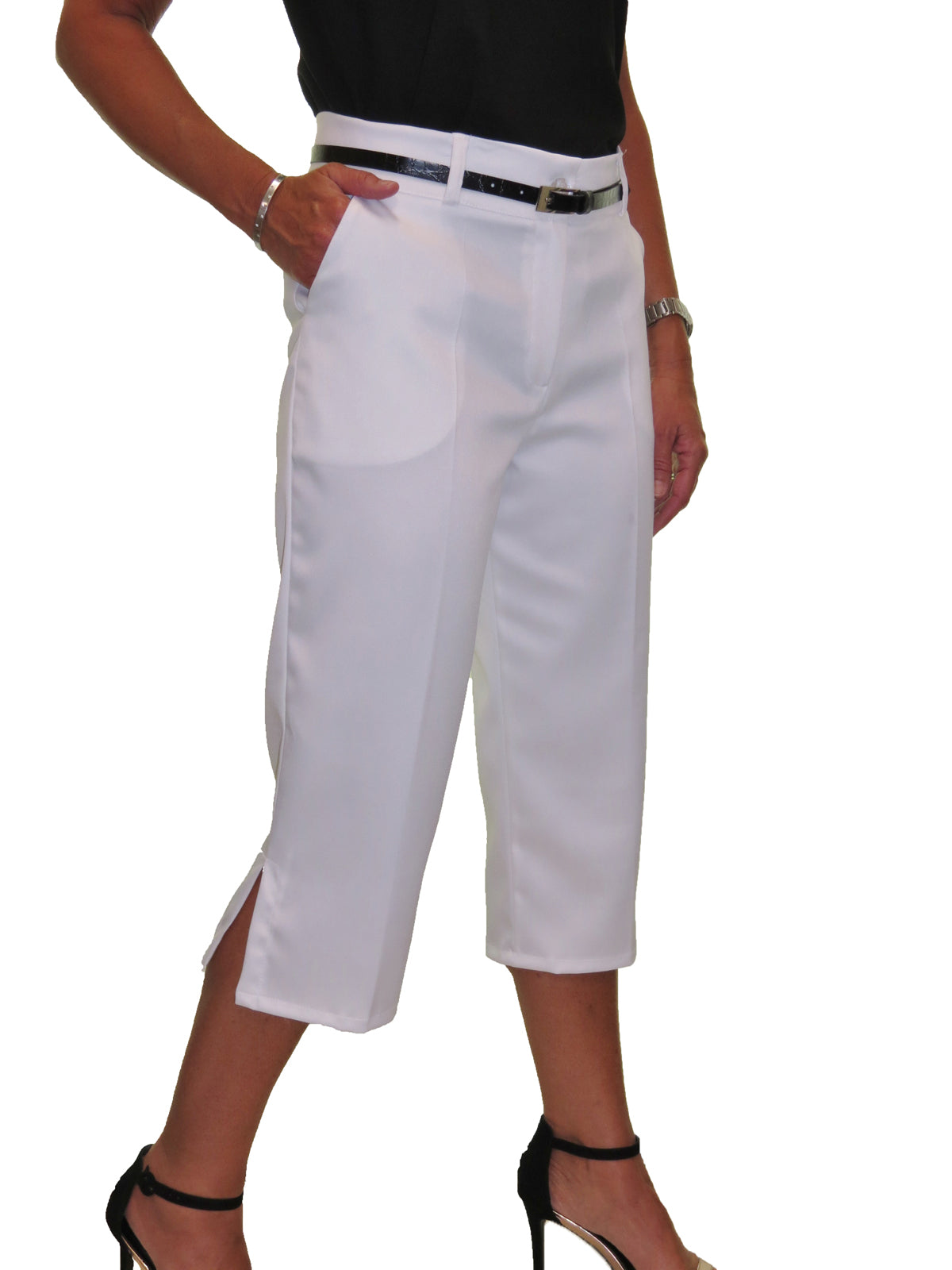 Smart Belted Crop Trousers In Matt Satin White