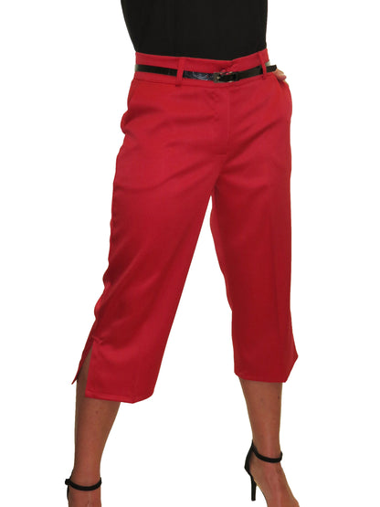 Smart Belted Crop Trousers In Matt Satin Red