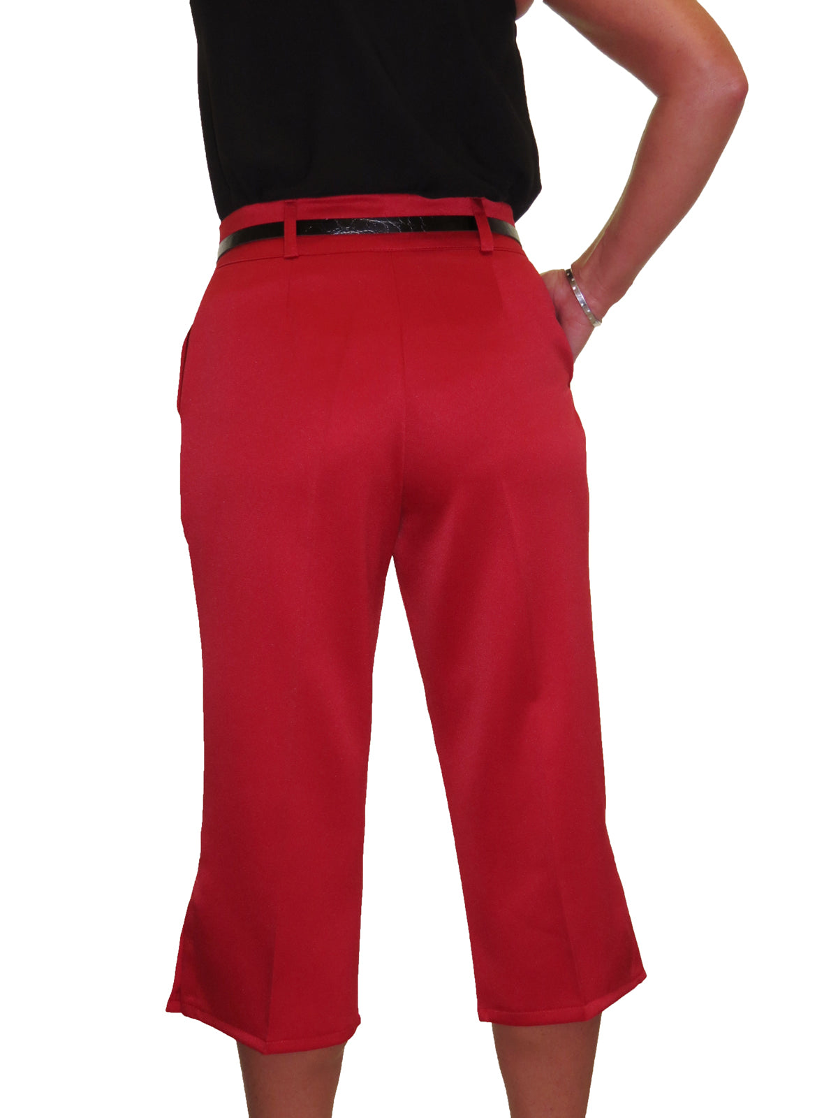 Smart Belted Crop Trousers In Matt Satin Red