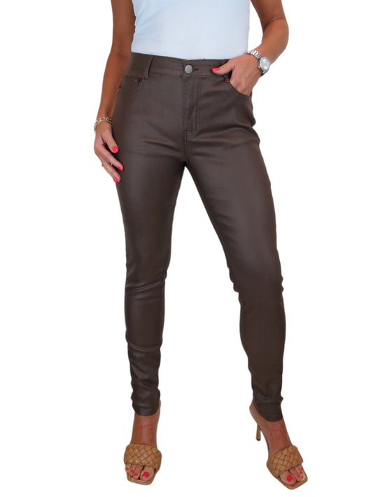Womens High Waist Stretch Leather Look Jeans Brown
