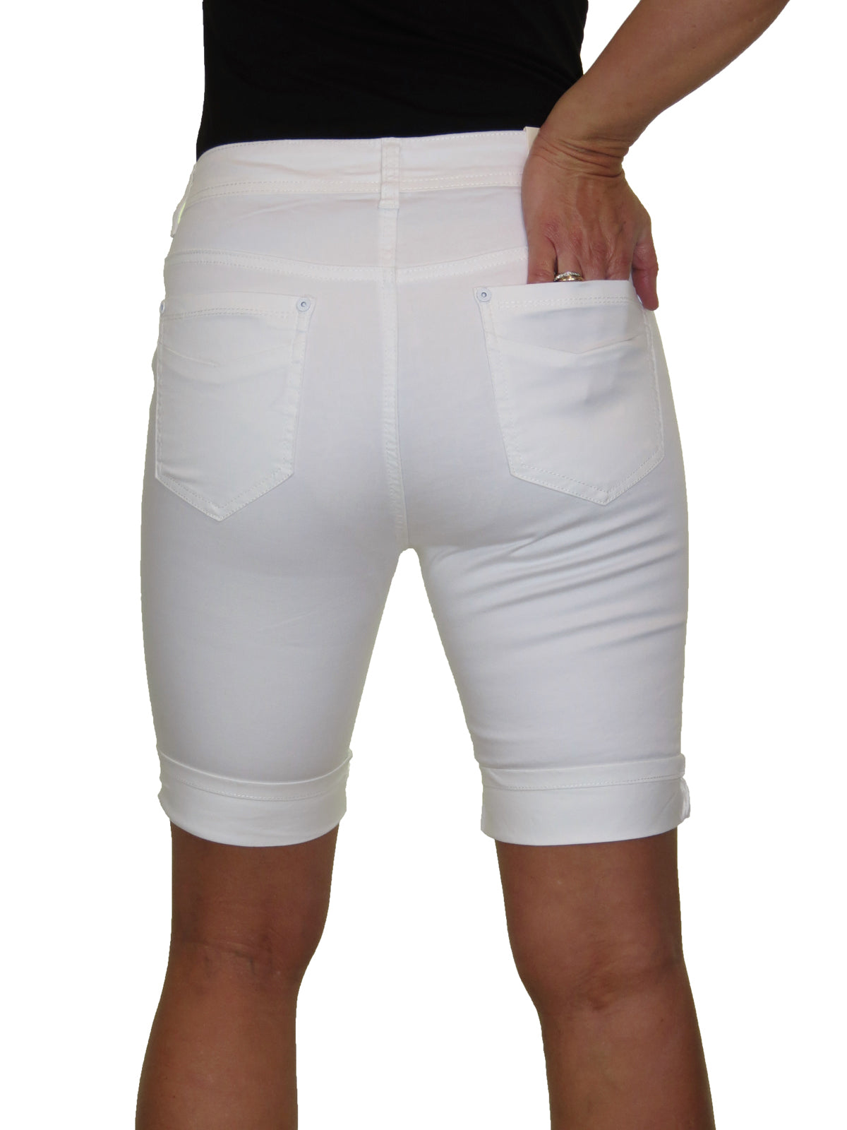 Stretch Chino Sheen Turn Up Cuff Jeans Style Shorts White
