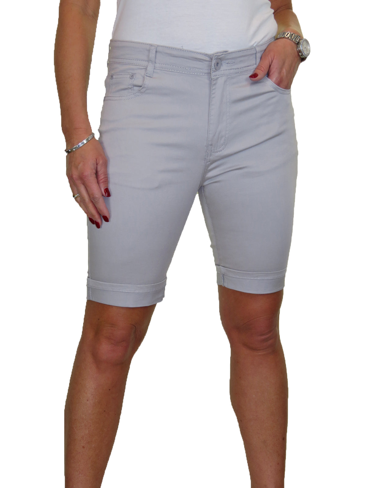 Stretch Chino Sheen Turn Up Cuff Jeans Style Shorts Silver Grey