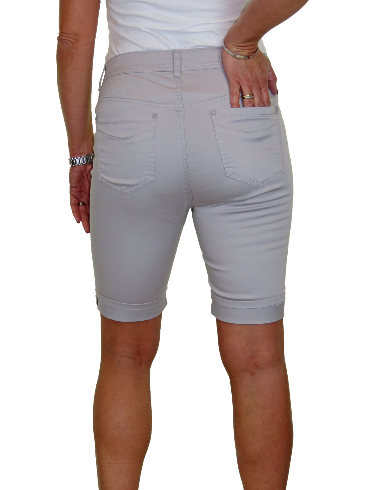 Stretch Chino Sheen Turn Up Cuff Jeans Style Shorts Silver Grey