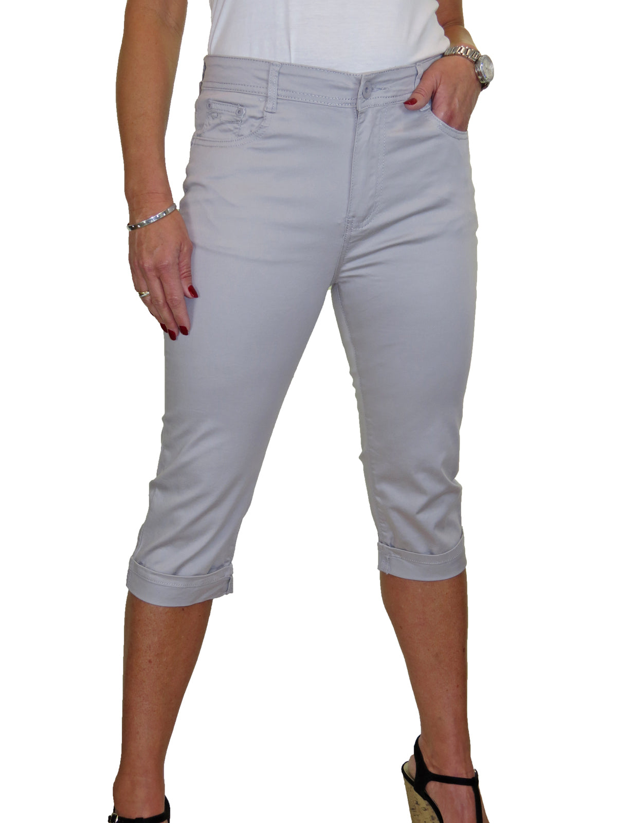 Womens High Waist Chino Sheen  Capris Silver Grey