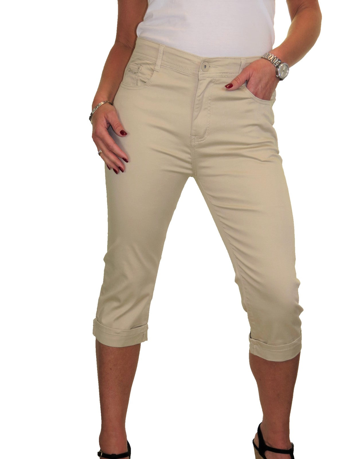 Womens High Waist Chino Sheen  Capris Beige