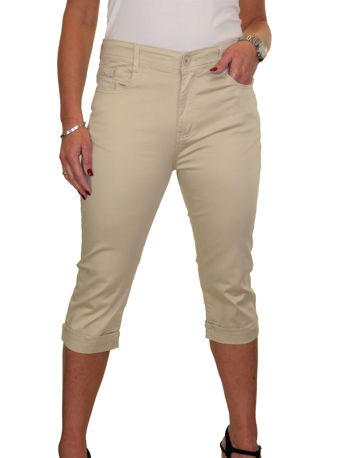 Womens High Waist Chino Sheen  Capris Beige