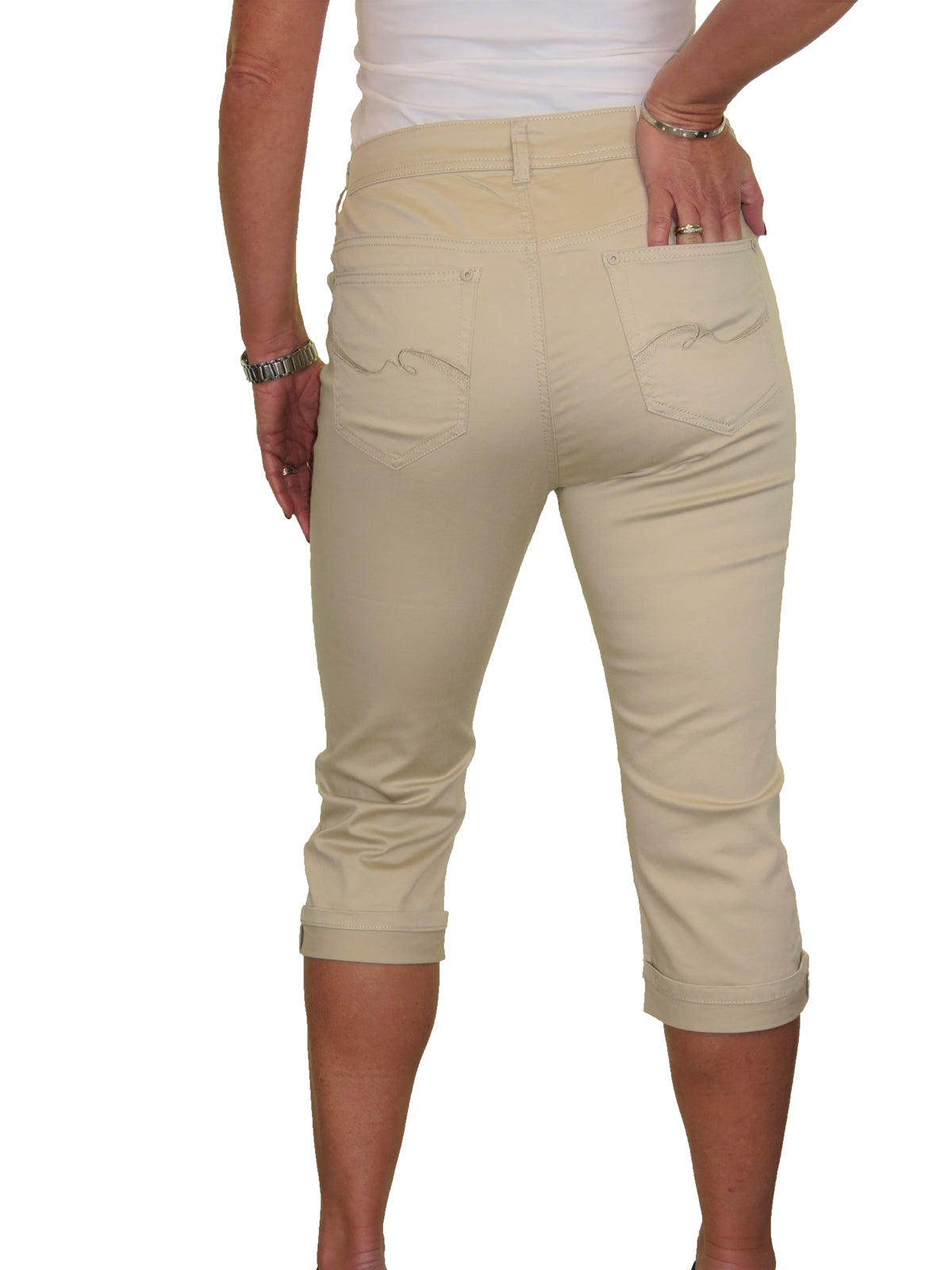 Womens High Waist Chino Sheen  Capris Beige