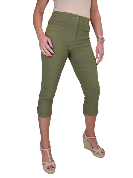 High Waisted Cropped Skinny Pedal Pushers Trousers Khaki Green