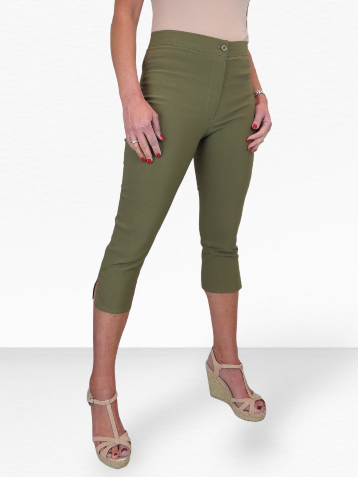 High Waisted Cropped Skinny Pedal Pushers Trousers Khaki Green