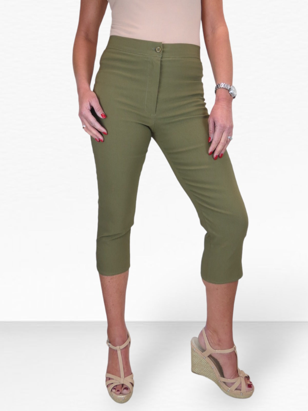 High Waisted Cropped Skinny Pedal Pushers Trousers Khaki Green