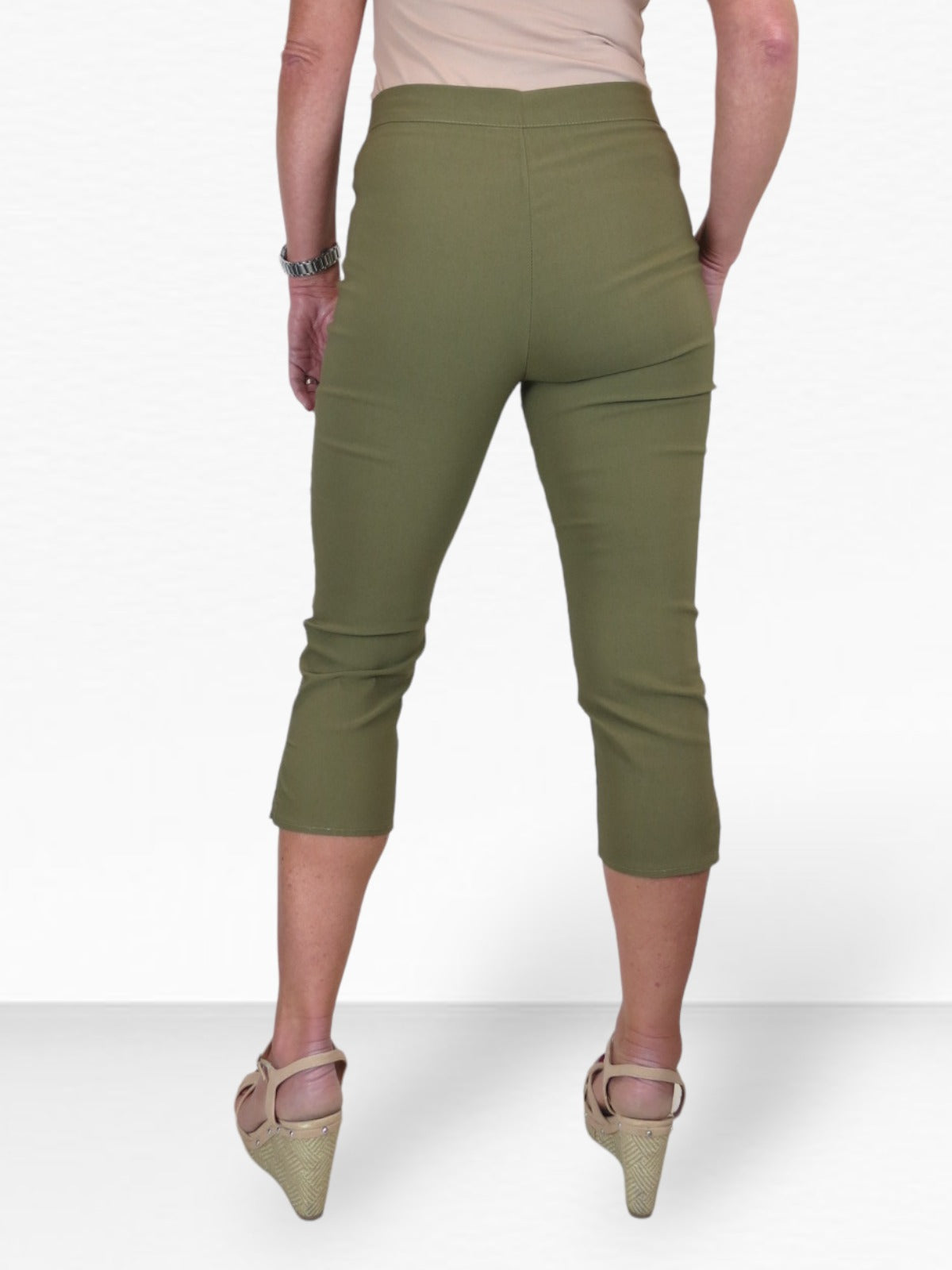 High Waisted Cropped Skinny Pedal Pushers Trousers Khaki Green