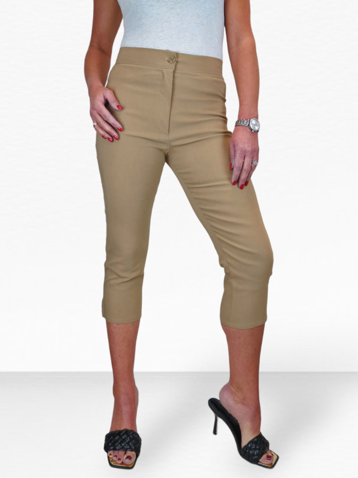 High Waisted Cropped Skinny Pedal Pushers Trousers Camel Beige