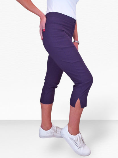 High Waisted Cropped Skinny Pedal Pushers Trousers Aubergine Purple
