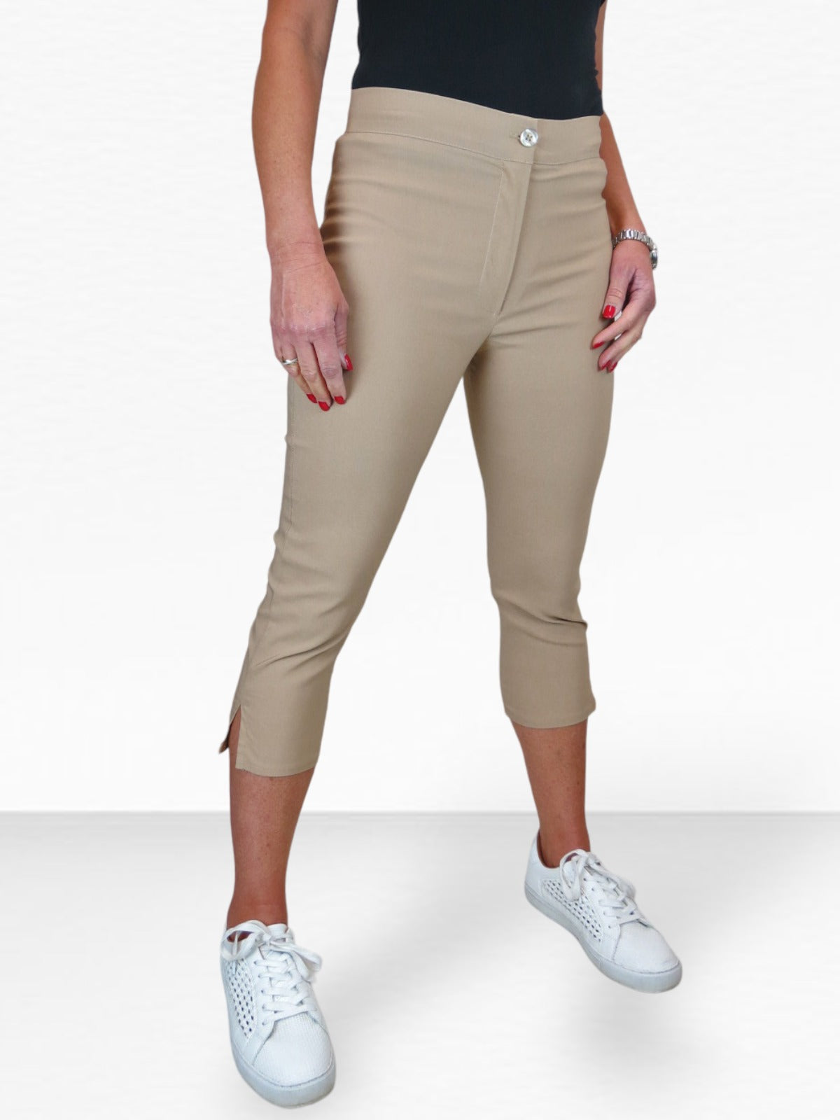 High Waisted Cropped Skinny Pedal Pushers Trousers Beige