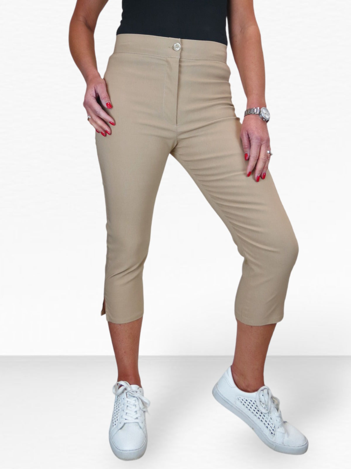 High Waisted Cropped Skinny Pedal Pushers Trousers Beige